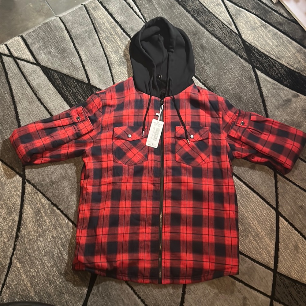 ZENTHACE Men’s Sherpa Lined Full Zip Hooded Plaid Jacket Red/Gray/Black Size L